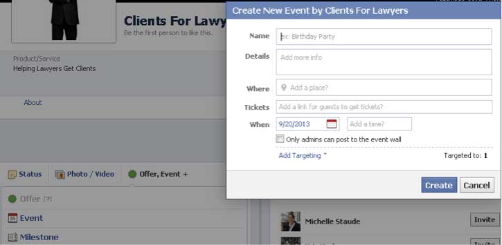 Example of Setting up Events under Facebook Updates