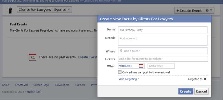 Example of Setting up a Facebook Page under the Facebook Events Tab